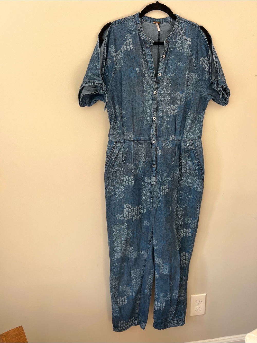 Free People Patterned Denim Jumpsuit